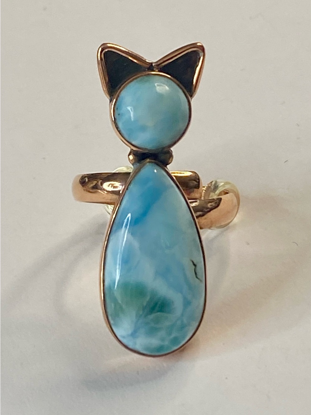 Blue Larimar Cat Statement Adjustable Ring Kitty Solid Copper